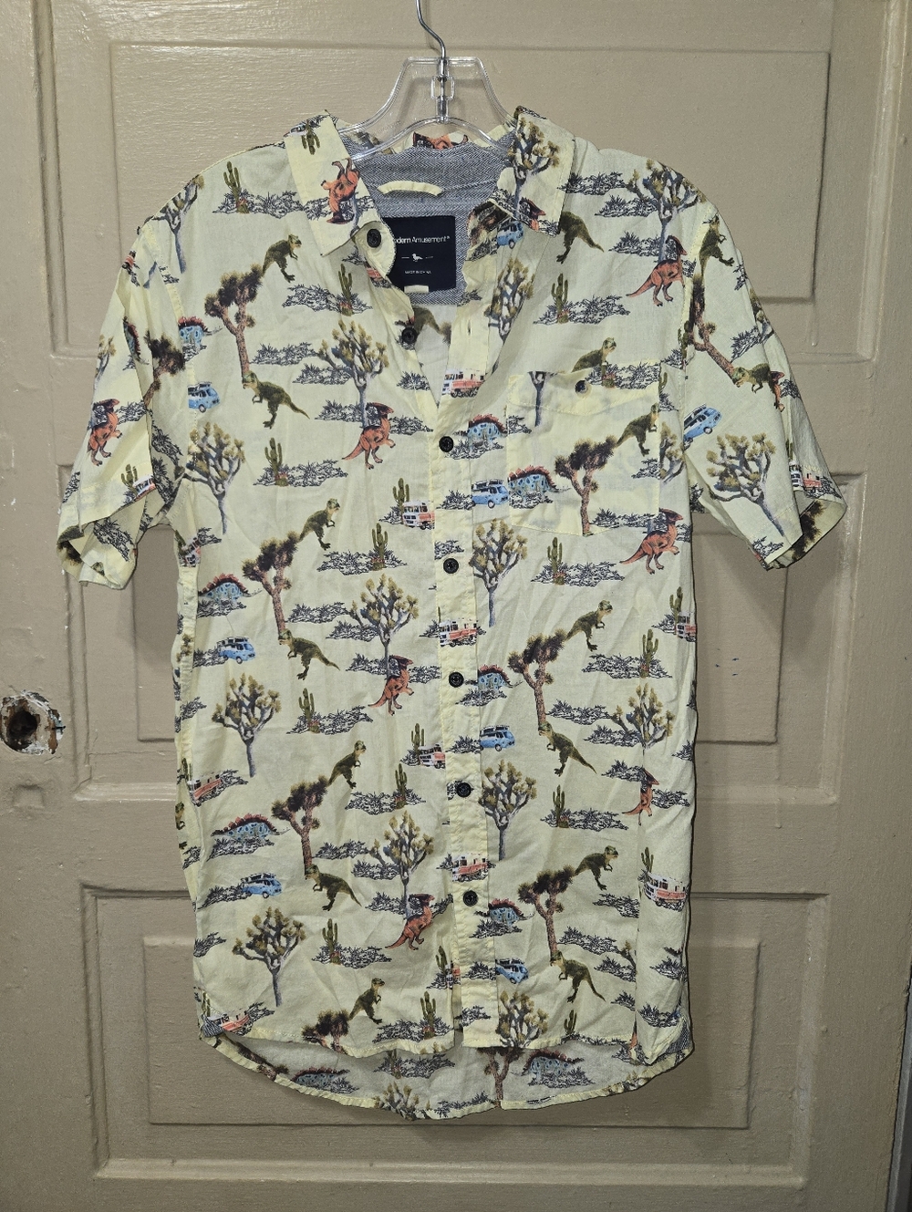 Modern Amusement Dinosaur RV Desert Short Sleeve 100% Cotton Button Down